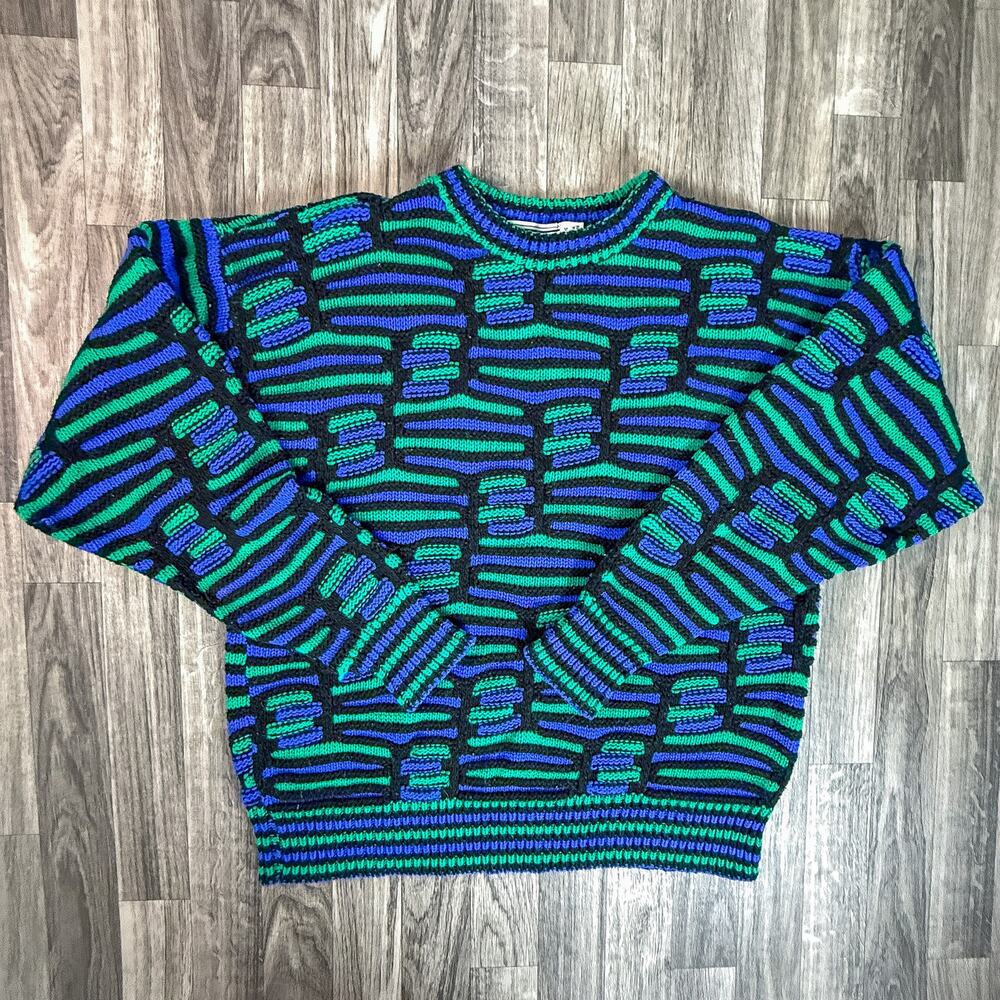 Gabrielle Knit Colorblock Stripe Sweater Blue Green Black 100% Acrylic